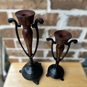 VTG Painted Yellow Brass Metal Candle Holders MCM Tripod 15" &‎ 11.5" Set Of 2